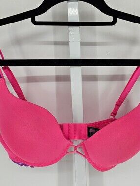 Y2K Body Candy Womens Sz 36D Padded Push Up Bra Bright Pink Purple Lace